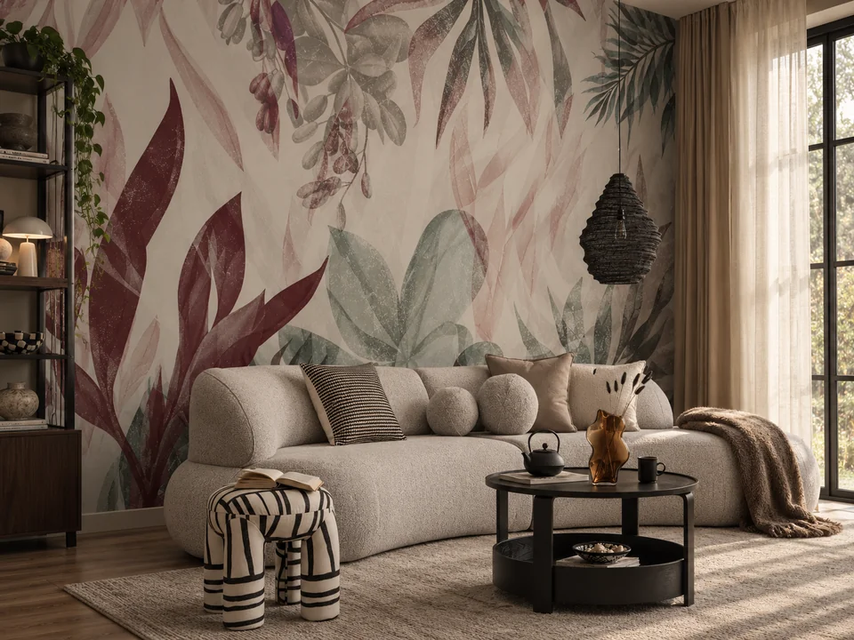Botanical print decorating a warm living room