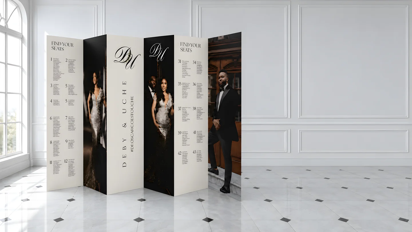 Personalised black and ivory wedding seating panels in a light-filled room