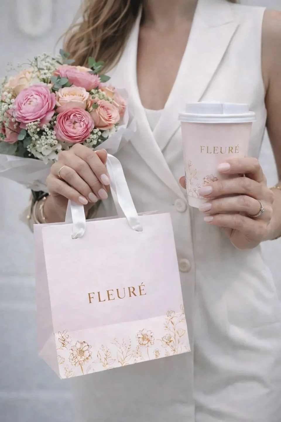 Pink Fleuré retail packaging and branded takeaway cup