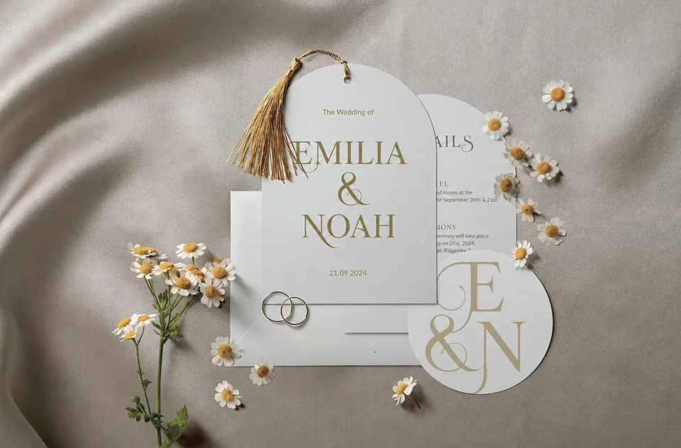 Ivory and gold wedding stationery with pressed flowers