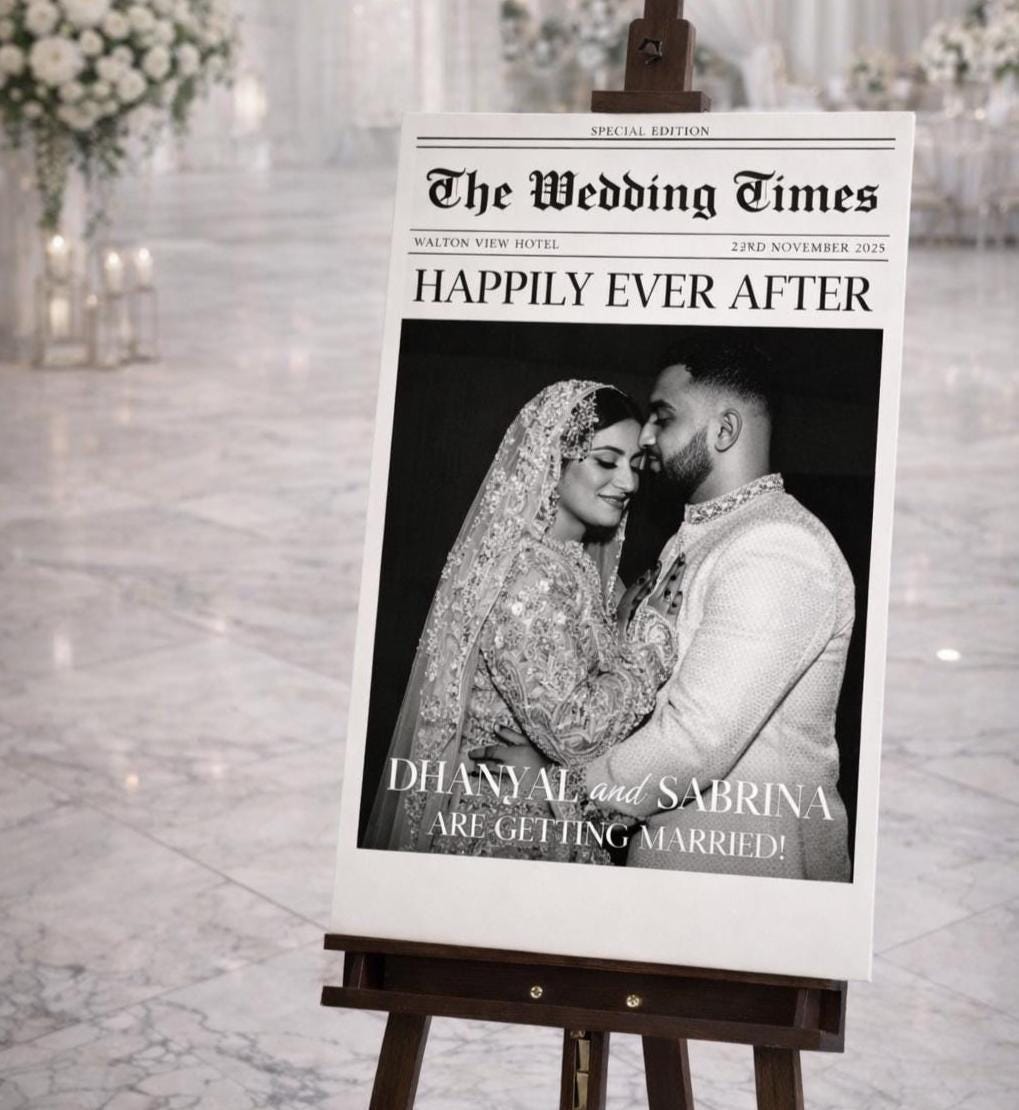 Personalised Newspaper-Style Wedding Welcome Sign Board