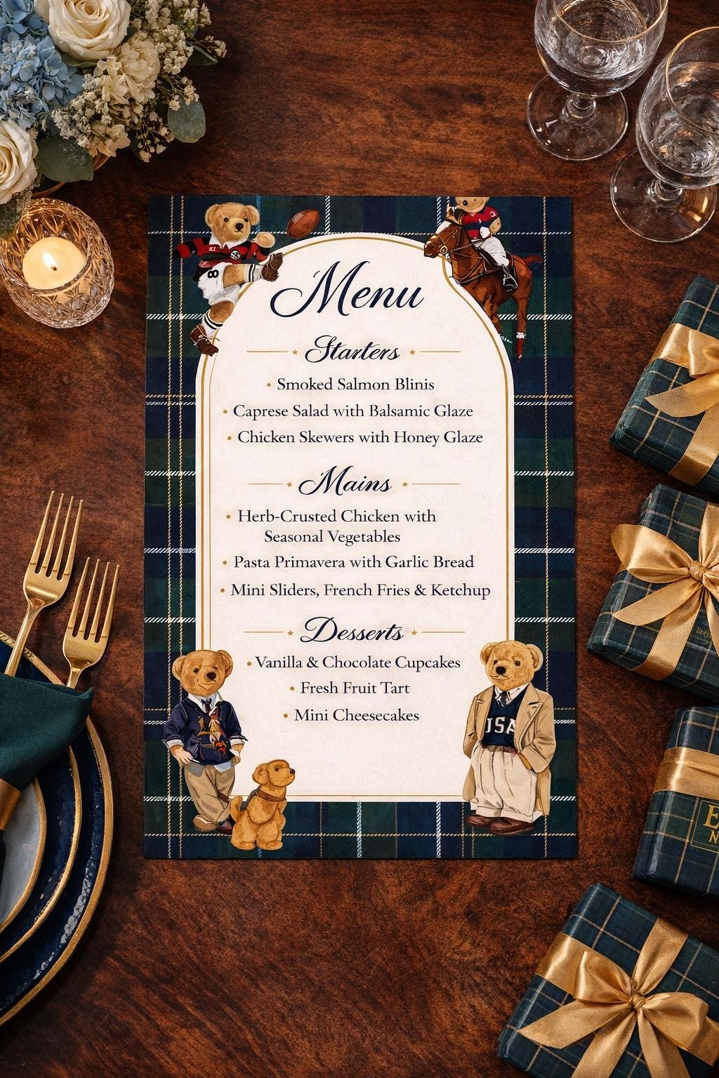 Teddy Bear Tartan Personalised Birthday Menu Cards