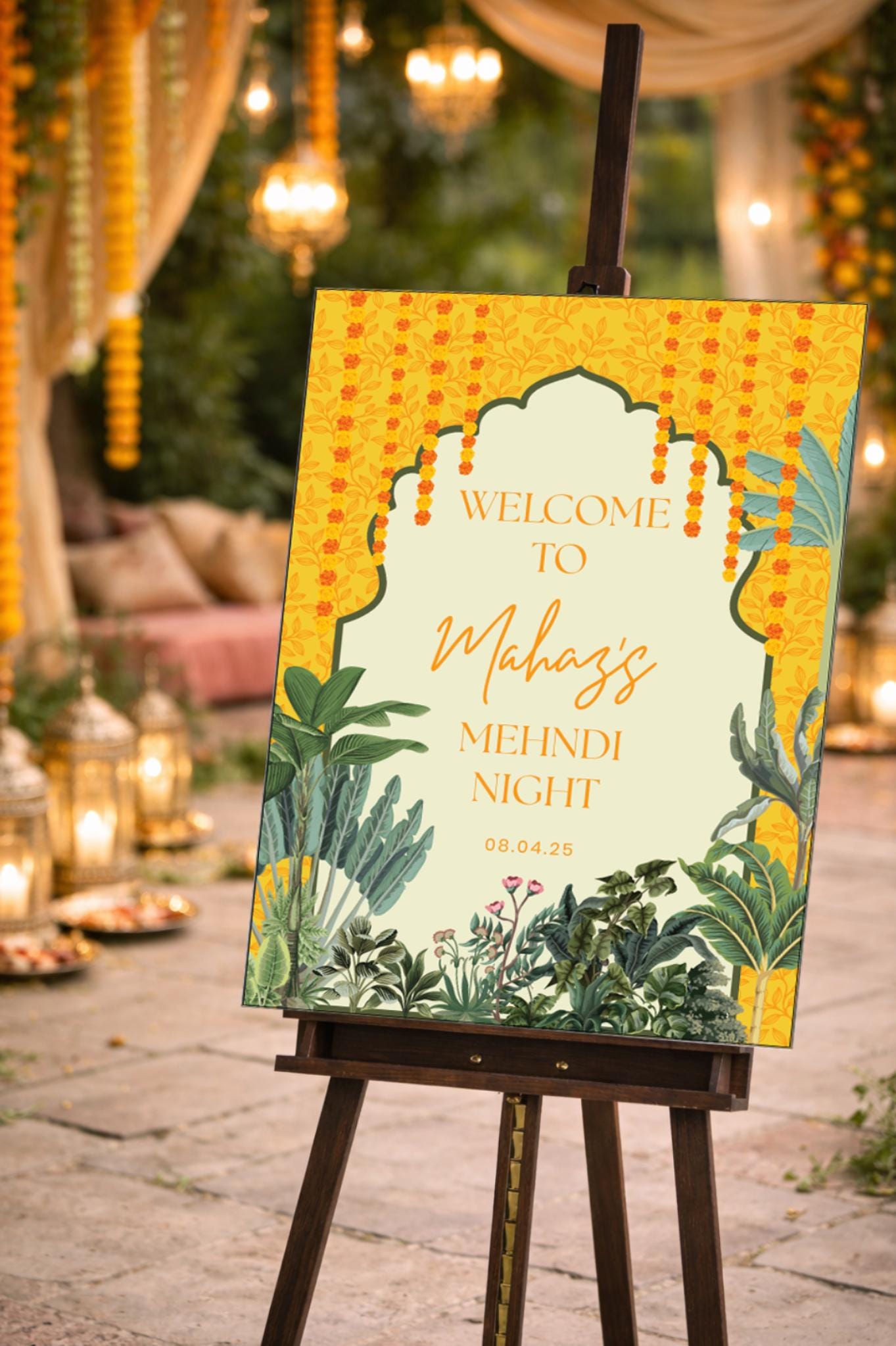 Yellow Floral Mehndi Night Welcome Sign Board