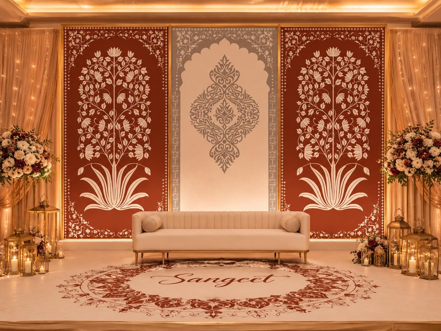 Rust and Ivory Sangeet Floral Wedding Backdrop
