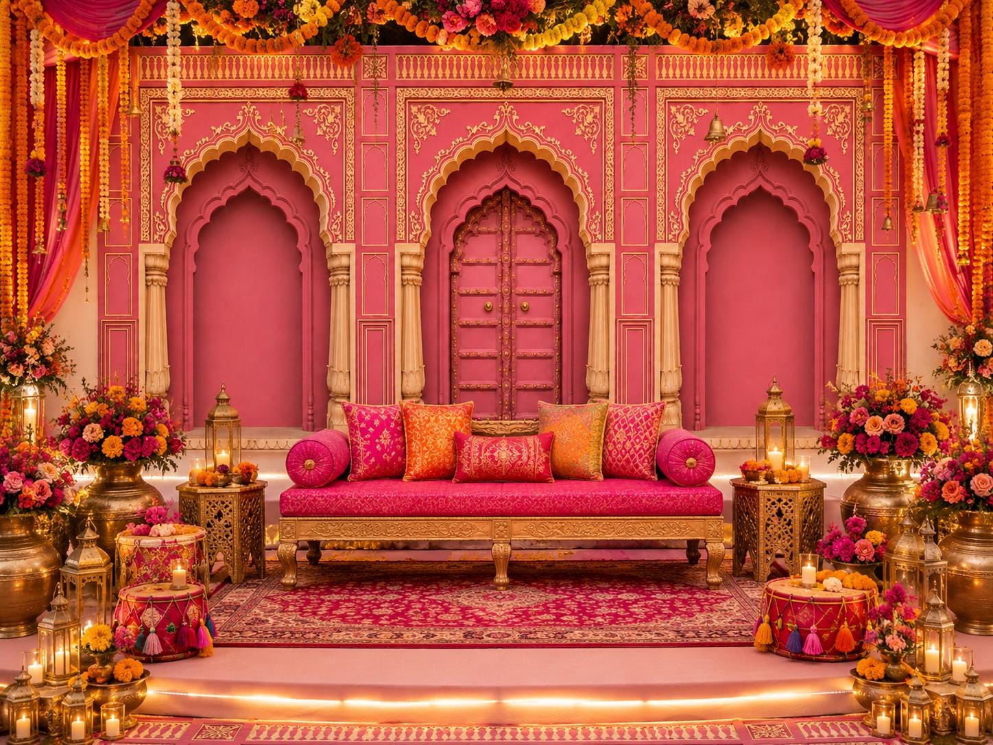 Rani Pink Mughal Door Mehndi Wedding Backdrop