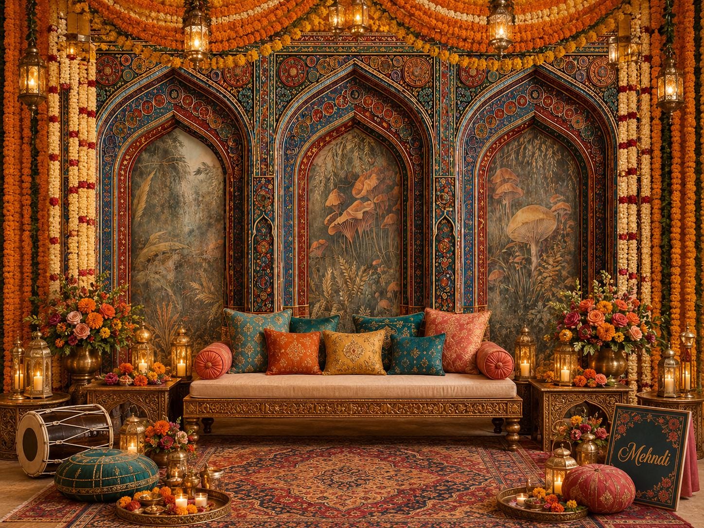 Jewel-Tone Mushroom Arch Mehndi Wedding Backdrop