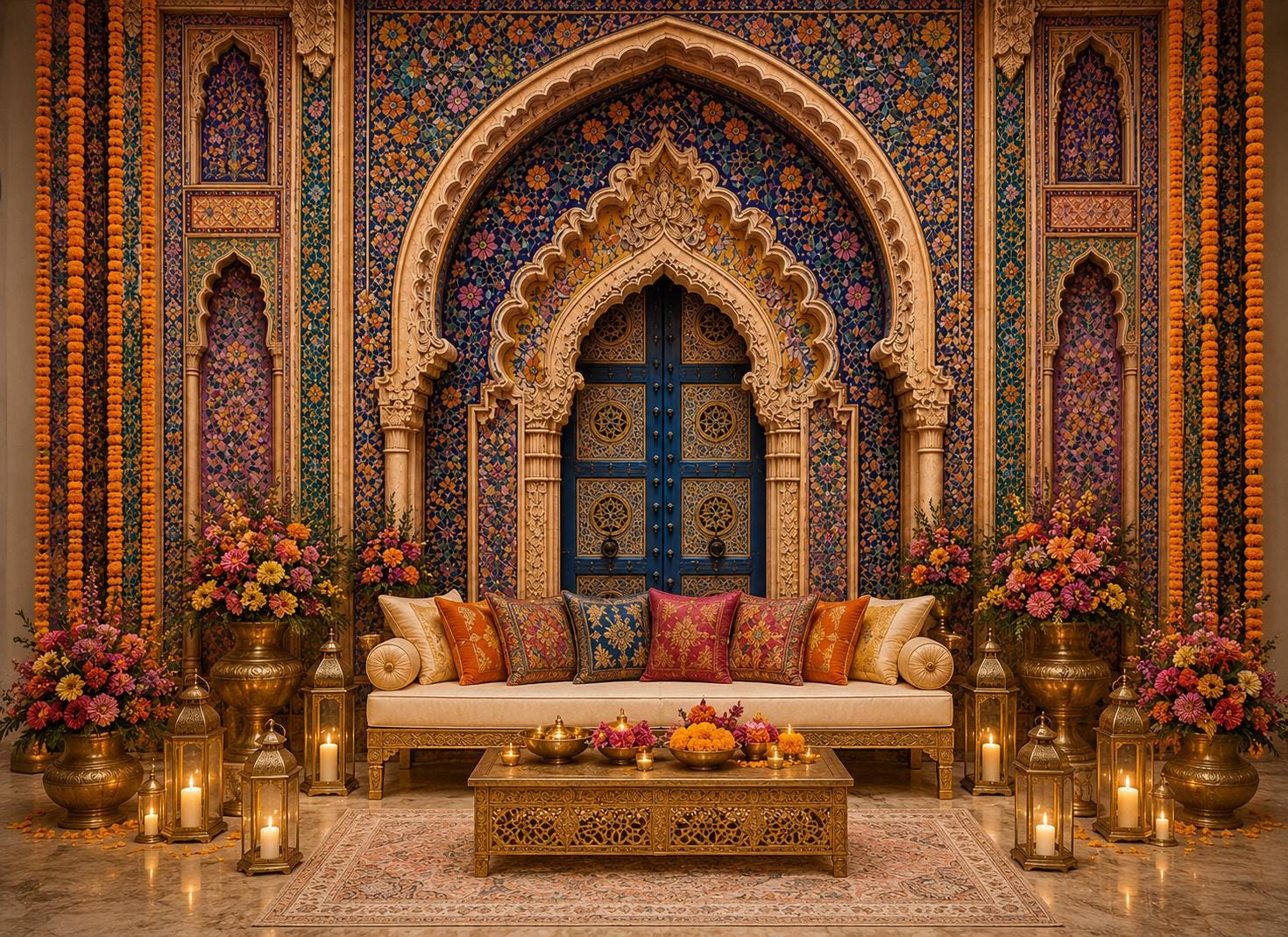 Blue Mosaic Palace Door Mehndi Wedding Backdrop